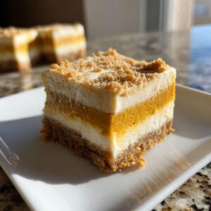 A close-up of a layered pumpkin cheesecake bar with a graham cracker crust and a crumb topping.