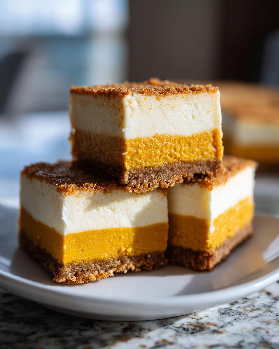 Three delicious pumpkin cheesecake bars stacked on a white plate, showcasing layers of crust, pumpkin, and cream cheese.