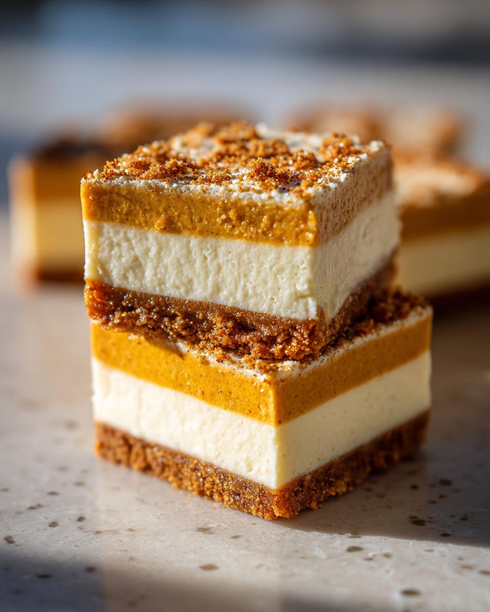 Two stacked pumpkin cheesecake bars, showcasing layers of pumpkin, cream cheese, and graham cracker crust, topped with crumbs.
