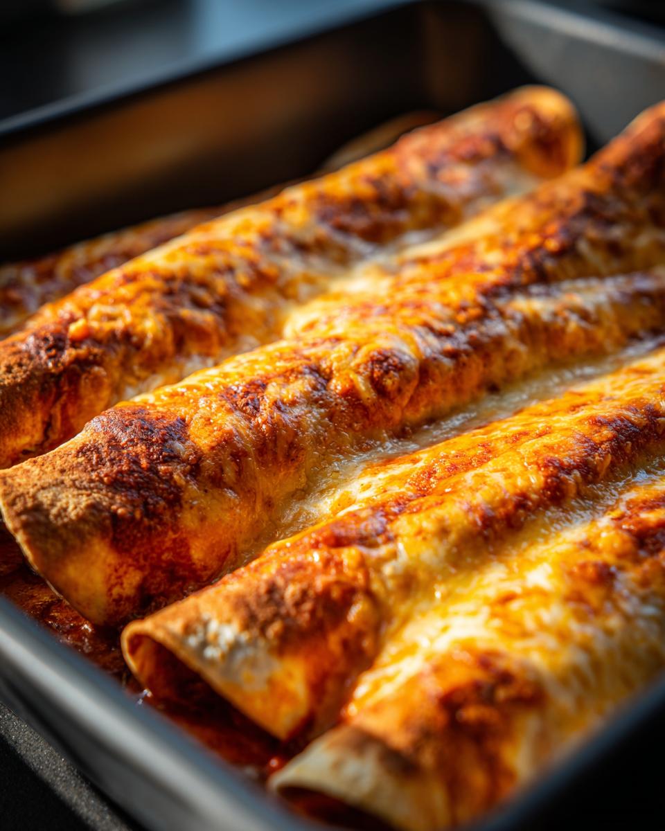 Close-up of golden-brown baked queso chicken enchiladas in a baking dish, covered in melted cheese.