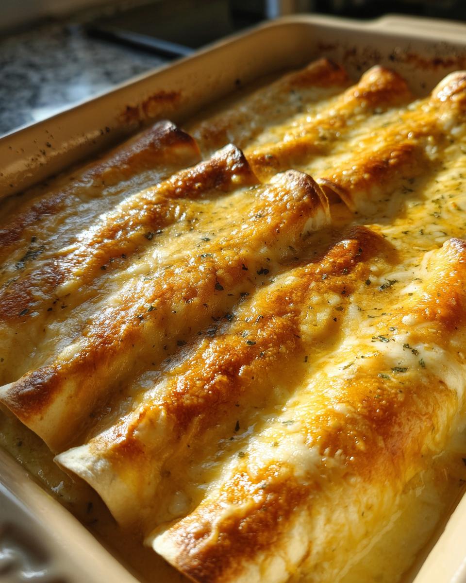 Close-up of baked queso chicken enchiladas in a baking dish, covered in melted cheese and herbs.