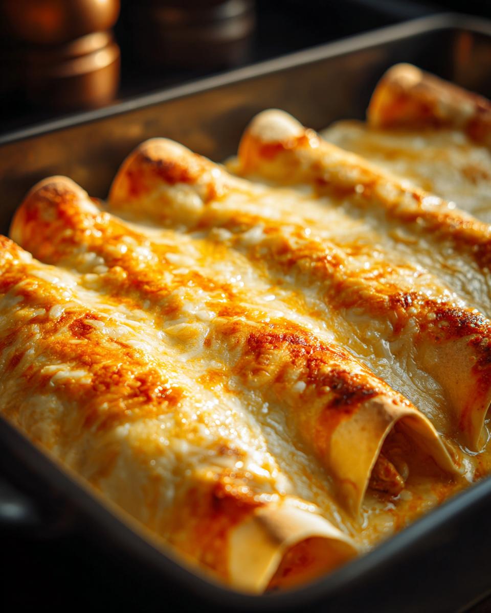 Close-up of baked Queso chicken enchiladas in a baking dish, covered in melted golden cheese.