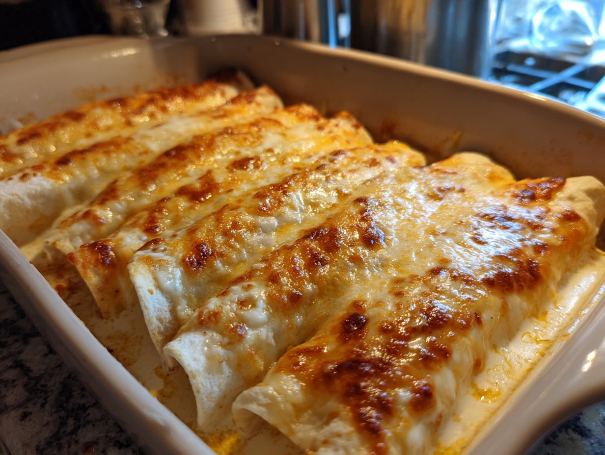 Close-up of baked queso chicken enchiladas in a white baking dish, covered in melted, golden cheese.