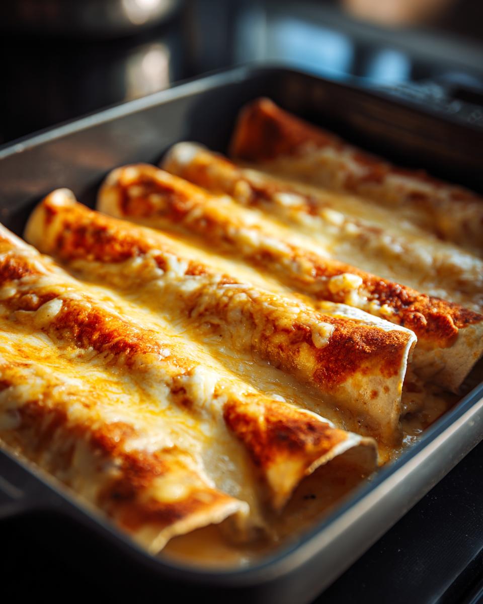 Close-up of baked Queso chicken enchiladas in a baking dish, covered in melted golden cheese and sauce.