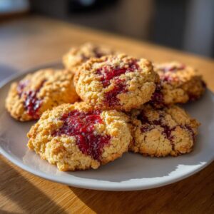 A close-up of several delicious raspberry crumble cookies piled on a light gray plate, showcasing the crumbly texture and bright raspberry filling.