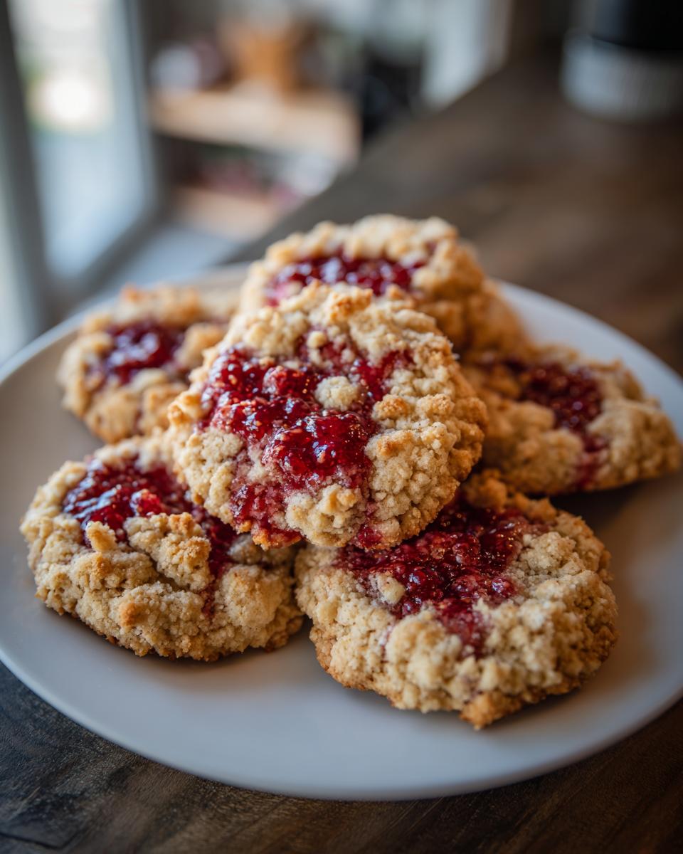 A close-up of several delicious Raspberry Crumble Cookies piled on a white plate, showcasing their crumbly texture and vibrant raspberry filling.