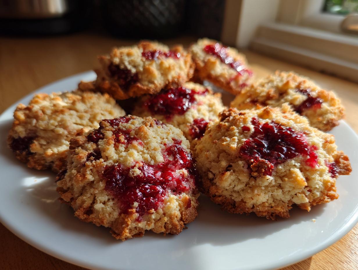 A close-up of several golden-brown Raspberry Crumble Cookies with a jammy raspberry filling on a white plate.