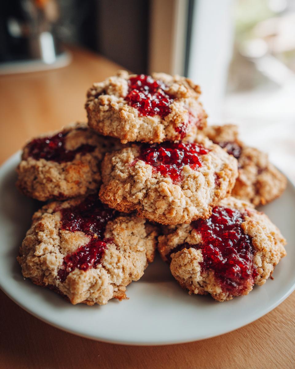 A stack of delicious raspberry crumble cookies topped with vibrant raspberry jam on a white plate.