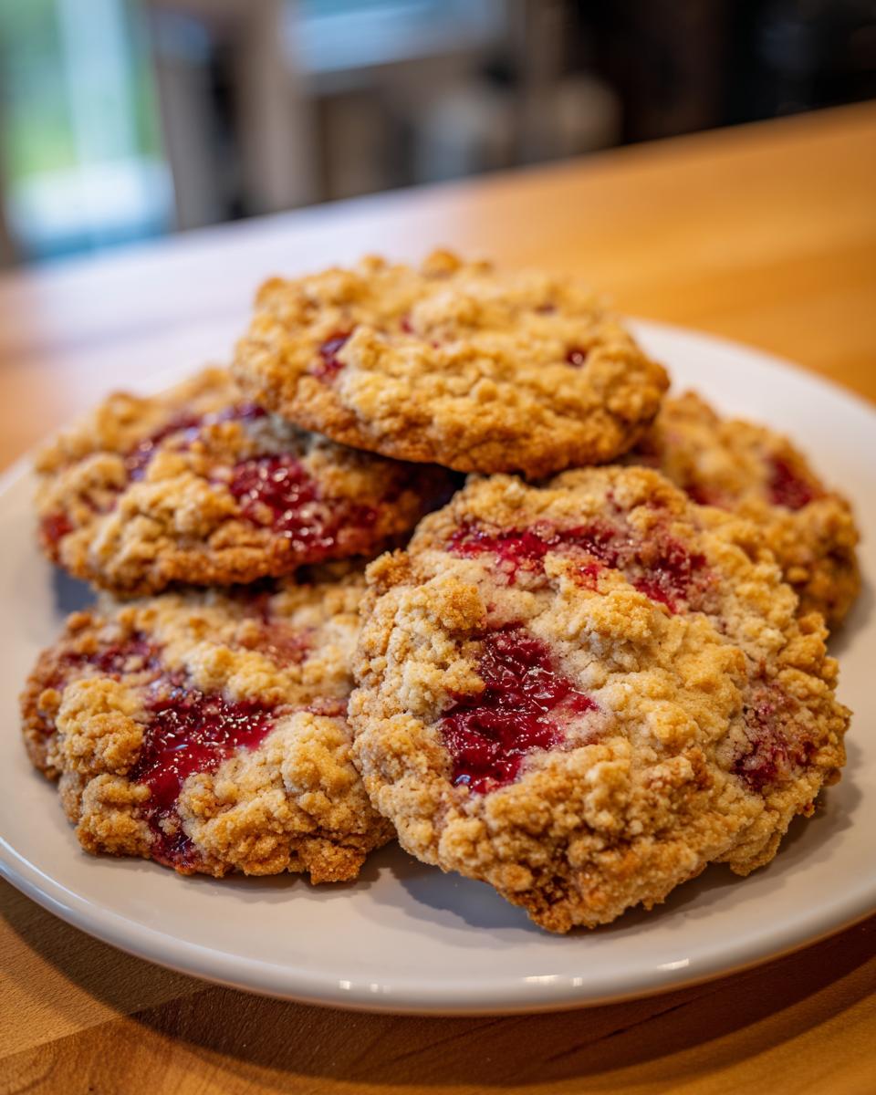 A close-up of a stack of golden-brown Raspberry Crumble Cookies with visible raspberry filling.