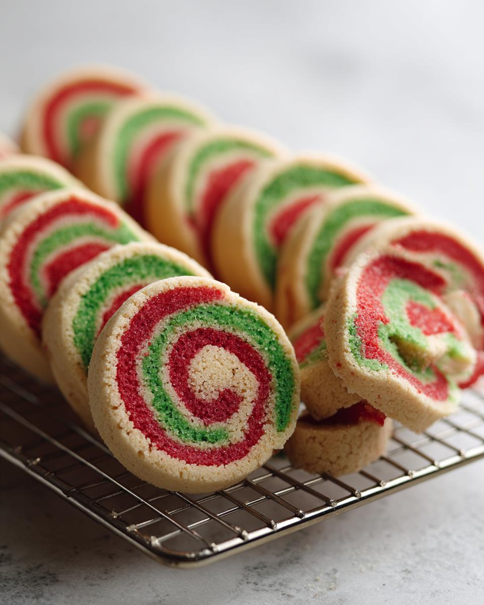Close-up of freshly baked red and green pinwheel cookies slices cooling on a wire rack.