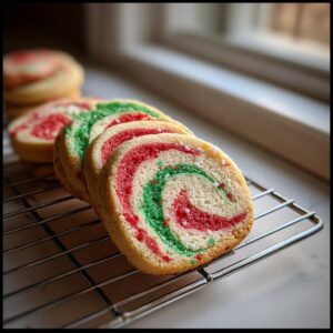 Close-up of sliced red, green, and white pinwheel cookies arranged on a metal cooling rack near a window.