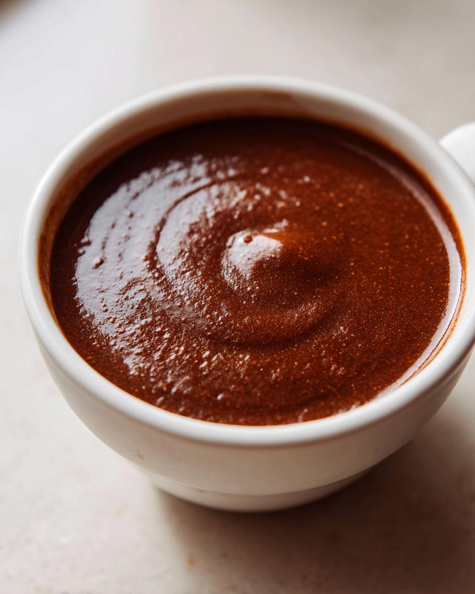 Close-up of thick, dark brown turkey gravy with a swirl pattern in a small white bowl.