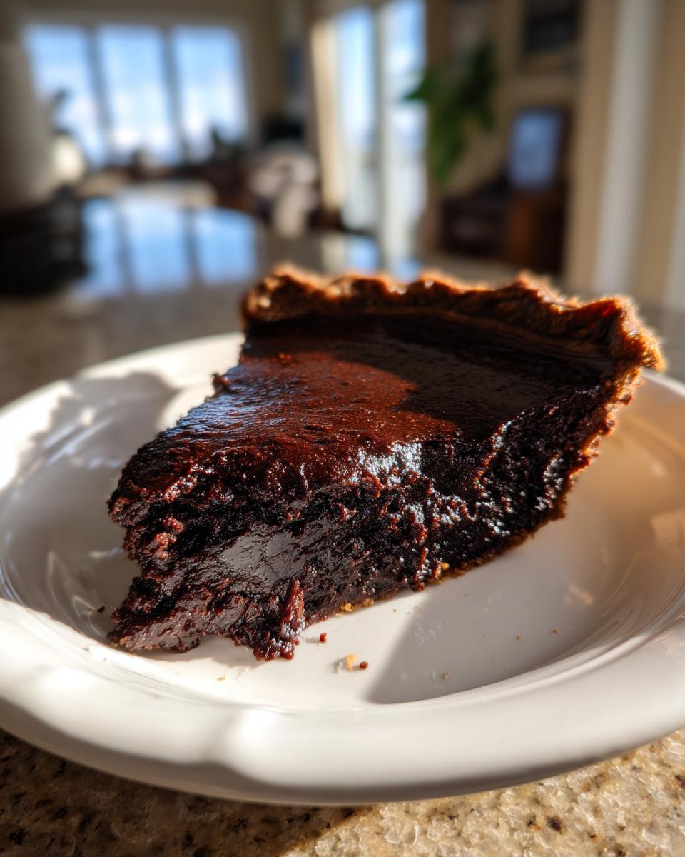 A close-up of a decadent slice of hot fudge pie with a glossy, dark chocolate filling on a white plate.
