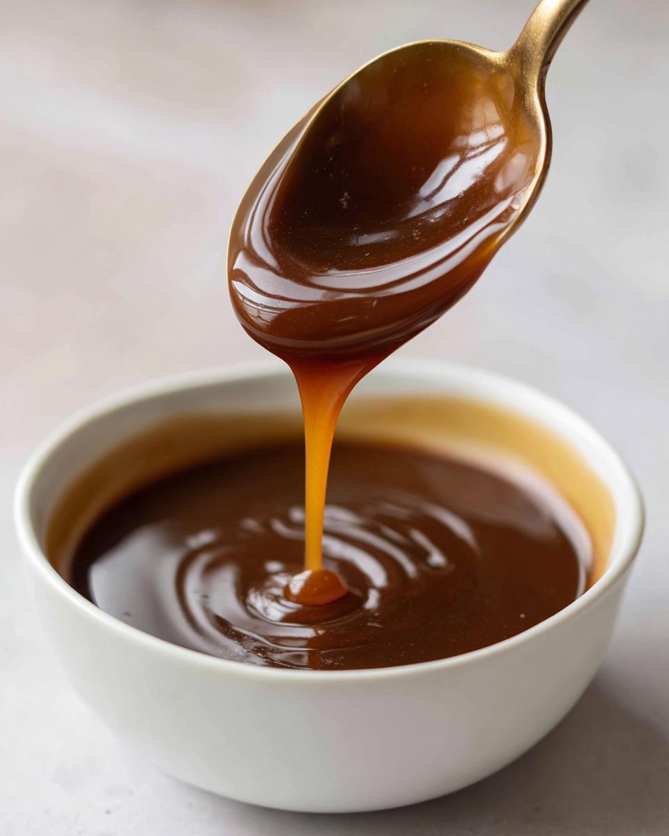 Close-up of thick, rich brown turkey gravy being drizzled from a golden spoon back into a white bowl.