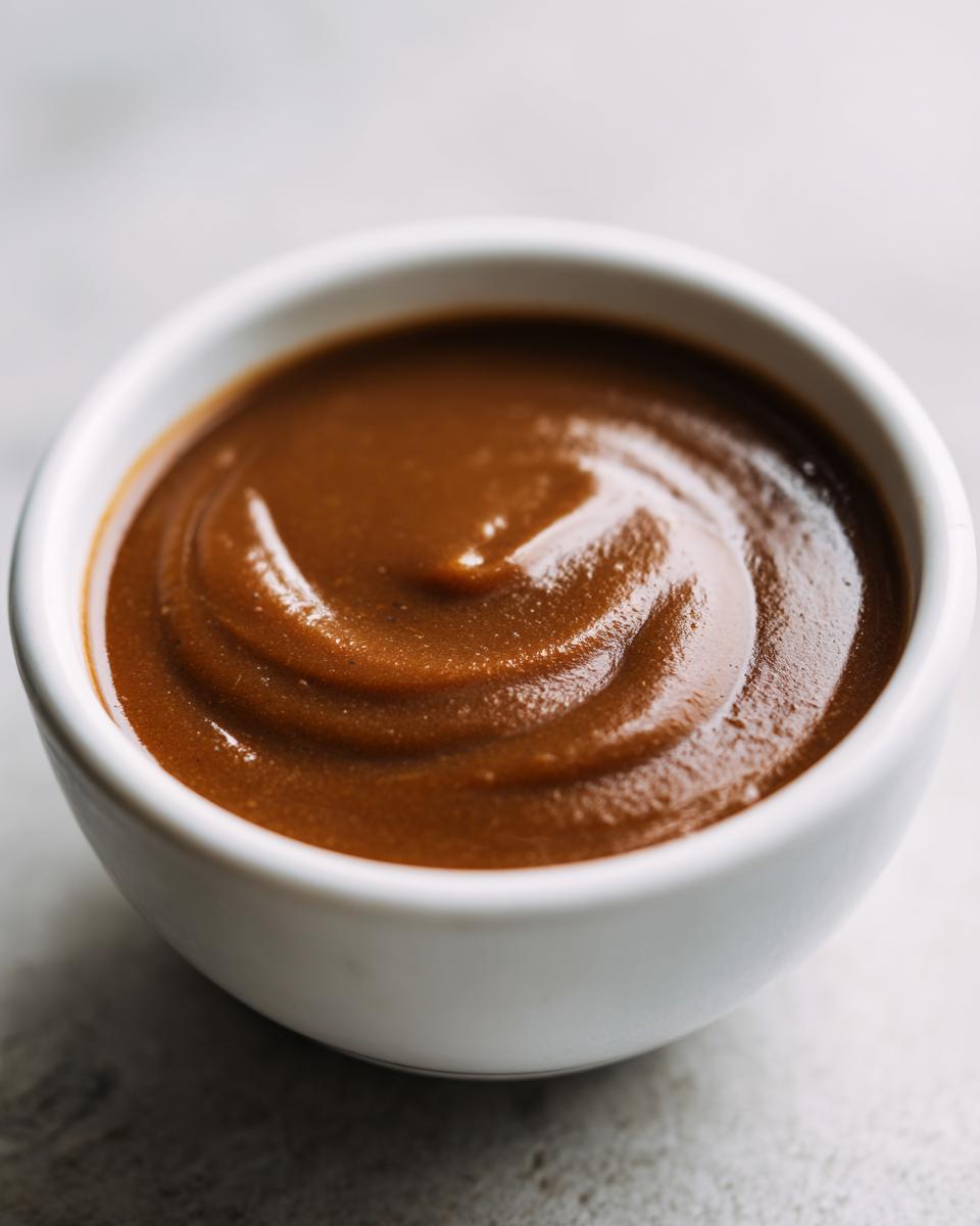 Close-up of thick, rich brown turkey gravy swirled in a small white bowl.