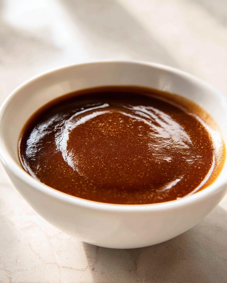 Close-up of rich, smooth, dark brown turkey gravy glistening in a small white bowl.