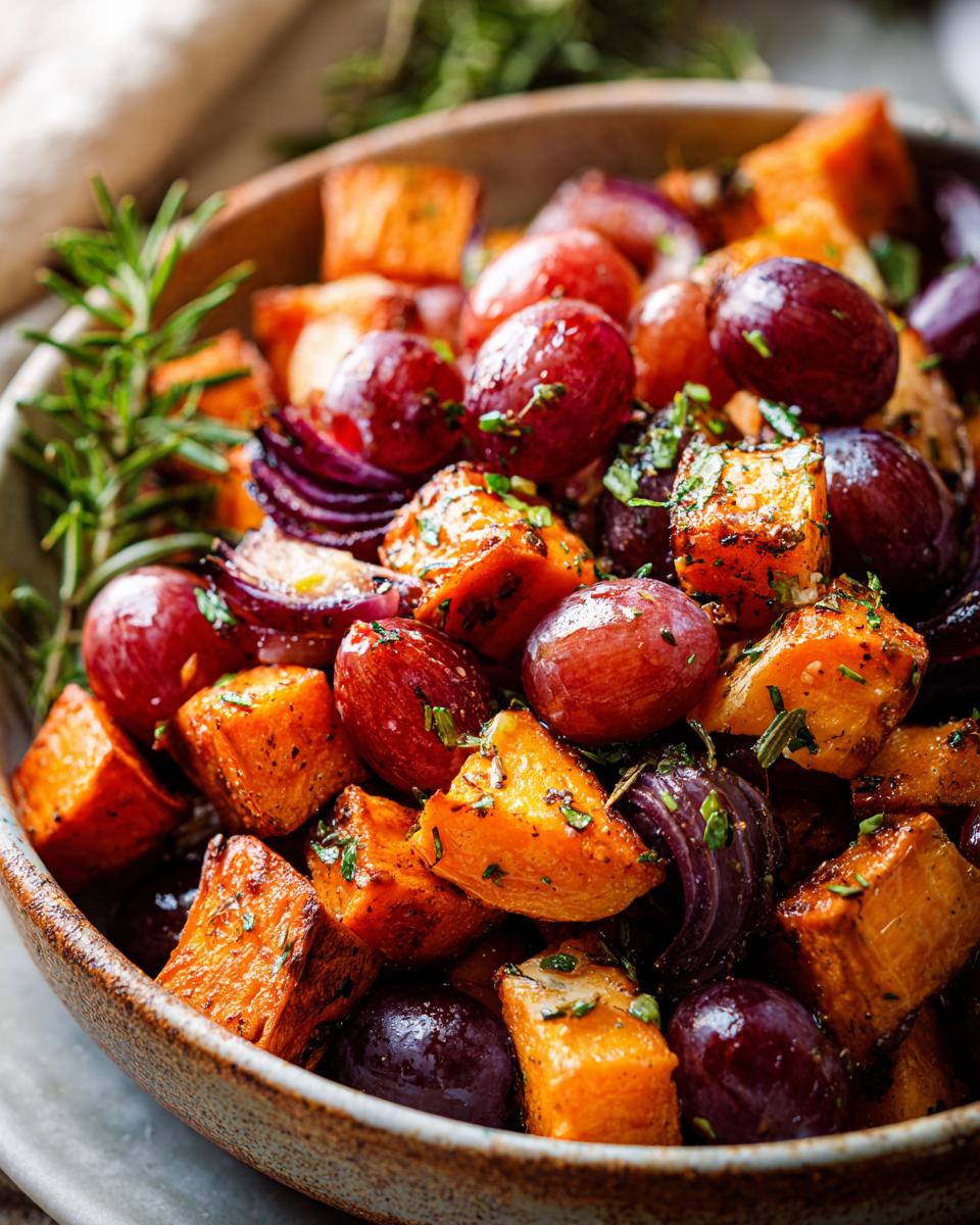 Close-up of roasted grapes and sweet potatoes with red onion and herbs in a bowl.