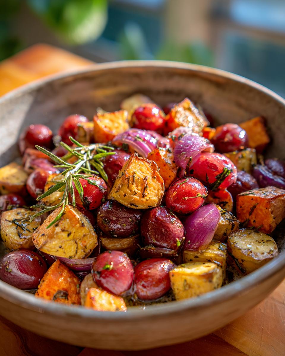 Close-up of roasted grapes and sweet potatoes with red onions and rosemary in a bowl.