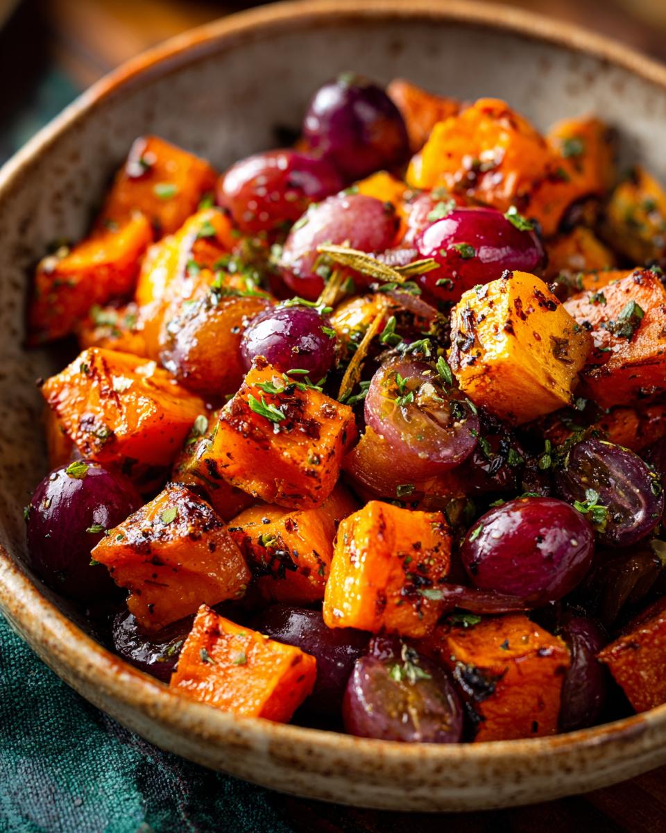 Close-up of roasted grapes and sweet potatoes in a rustic bowl, seasoned with herbs.