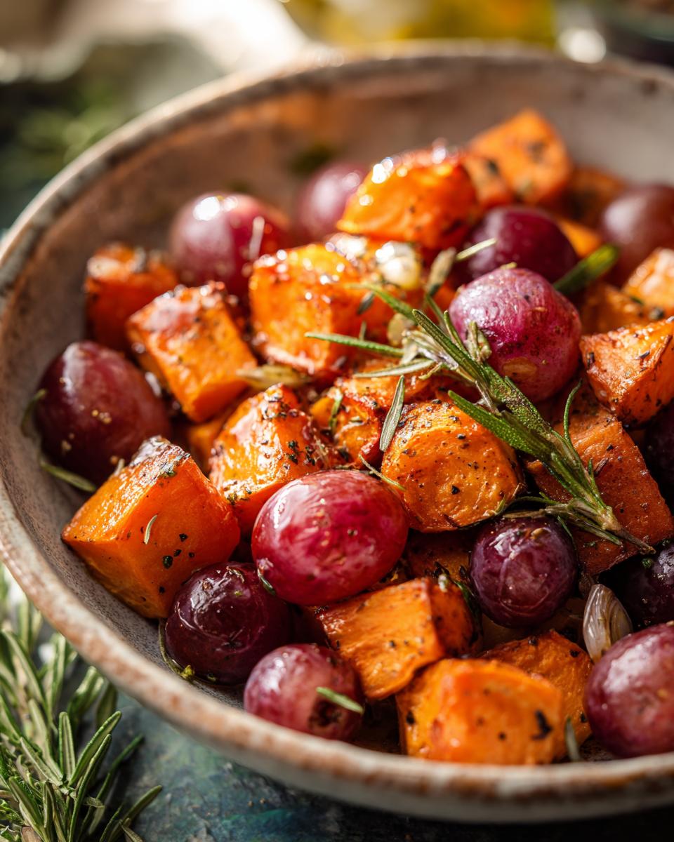 Close-up of roasted grapes and sweet potatoes seasoned with herbs in a rustic bowl.