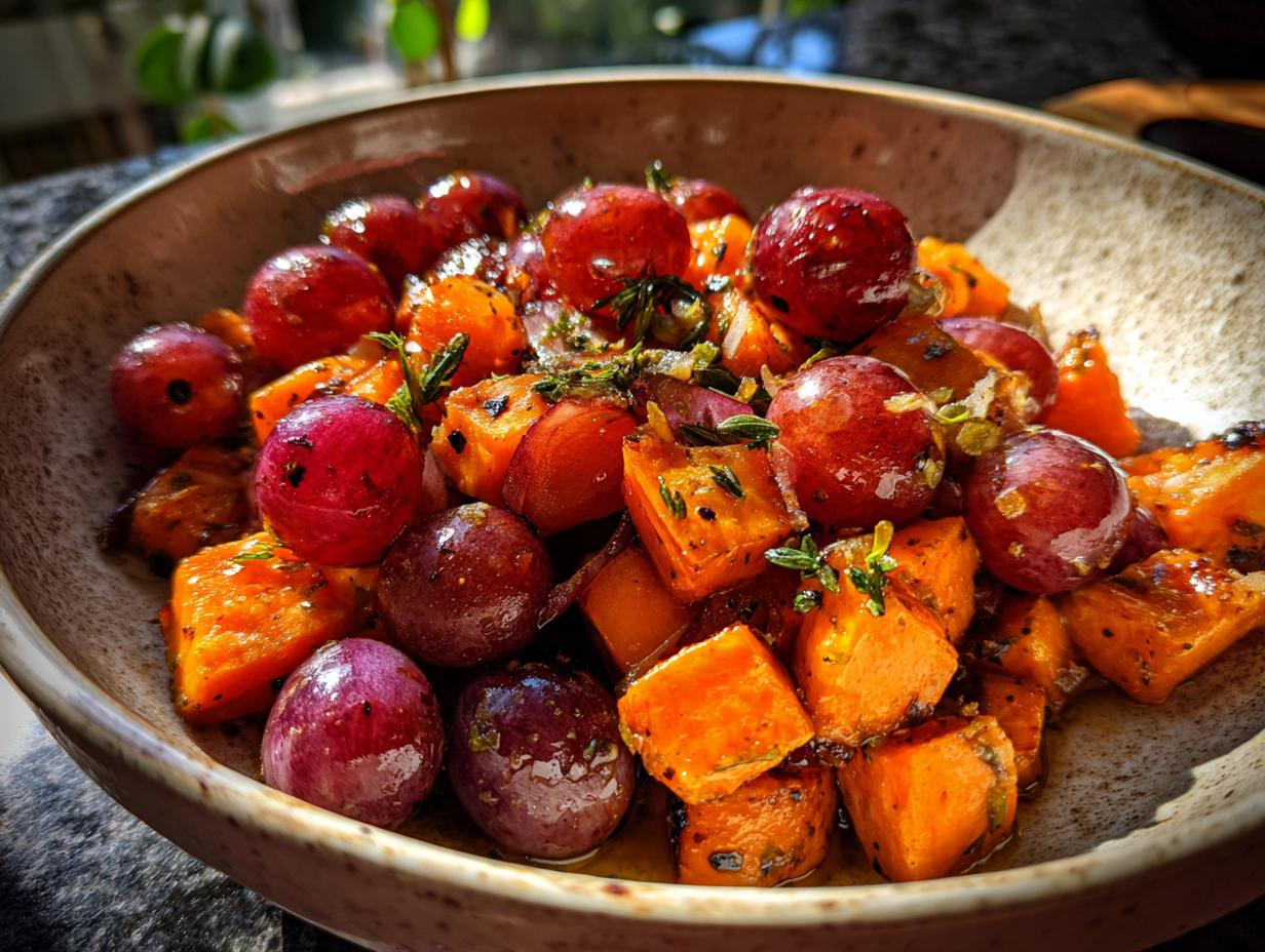 A close-up of a bowl filled with roasted grapes and sweet potatoes, seasoned with herbs.