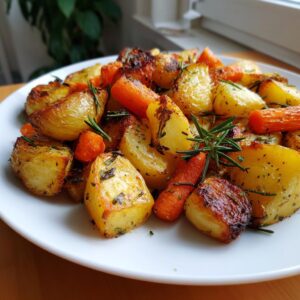 A white plate filled with golden brown roasted potatoes and carrots seasoned with herbs and fresh rosemary sprigs.