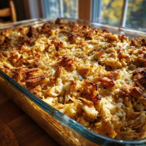 A close-up of a golden-brown rotisserie chicken stuffing casserole baked in a glass dish.