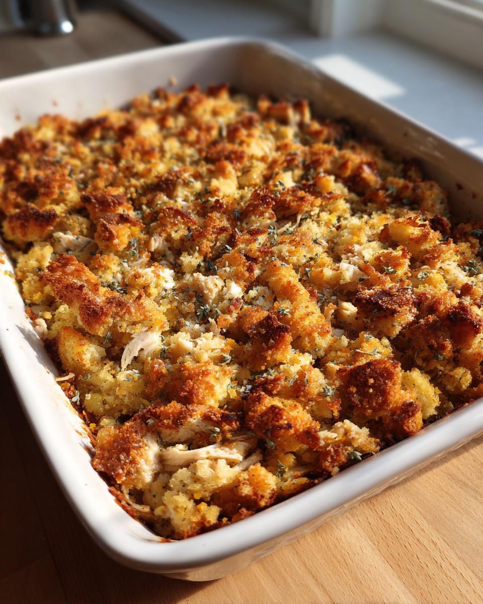 A golden-brown baked Rotisserie Chicken Stuffing Casserole in a white baking dish, topped with herbs.