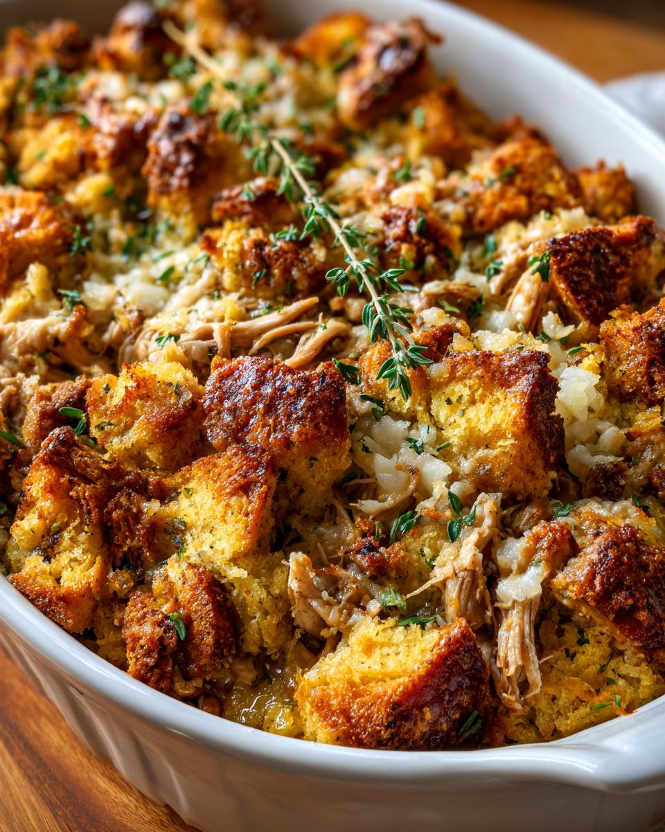 Close-up of a golden brown Rotisserie Chicken Stuffing Casserole in a white baking dish, garnished with fresh herbs.