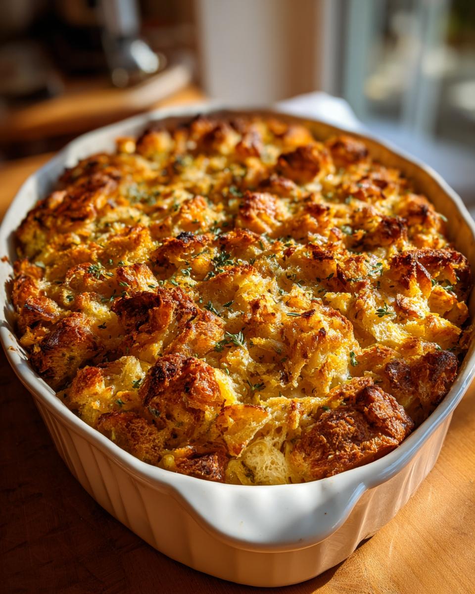 A freshly baked rotisserie chicken stuffing casserole in a white baking dish, topped with herbs.