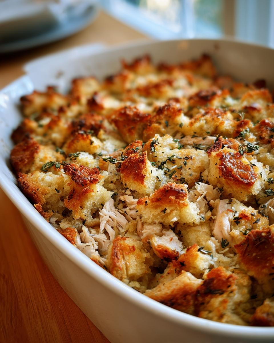 Close-up of a golden-brown rotisserie chicken stuffing casserole in a white baking dish, topped with herbs.