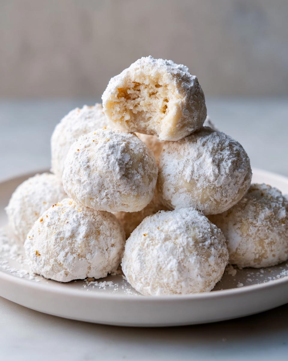 A stack of freshly baked russian tea cakes heavily coated in powdered sugar, with one cookie broken open.
