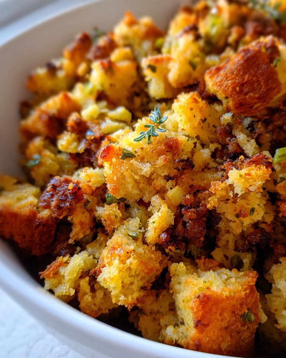 Close-up of a bowl filled with homemade sage and sausage stuffing, featuring toasted bread cubes and savory herbs.