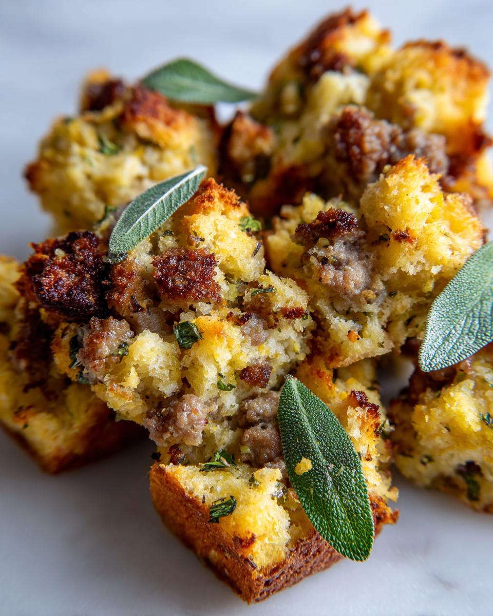 A close-up, mouthwatering view of homemade sage and sausage stuffing, garnished with fresh sage leaves.