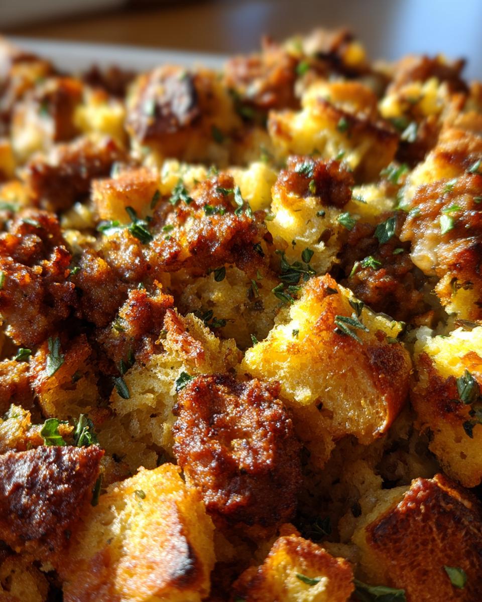 Close-up of delicious sage and sausage stuffing, with golden-brown bread cubes and savory sausage crumbles, garnished with fresh herbs.