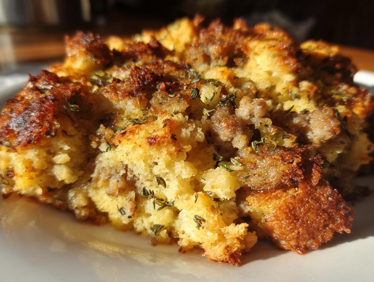 Close-up of a serving of sage and sausage stuffing, showing golden-brown crust and visible sausage pieces.