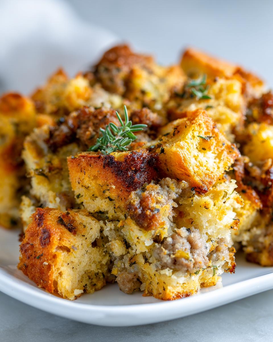 A close-up of a serving of delicious sage and sausage stuffing on a white plate, garnished with fresh herbs.