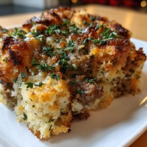 A close-up of a golden-brown slice of sage and sausage stuffing, garnished with fresh parsley.