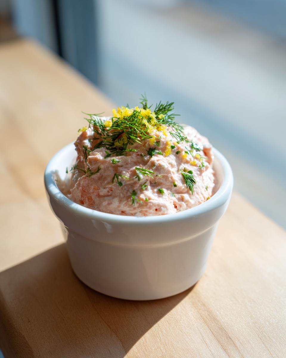 A small white ramekin filled with creamy, pink salmon dip, topped with fresh dill and lemon zest.