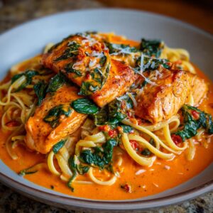 A close-up of salmon in roasted red pepper cream sauce served over linguine with spinach and grated cheese.