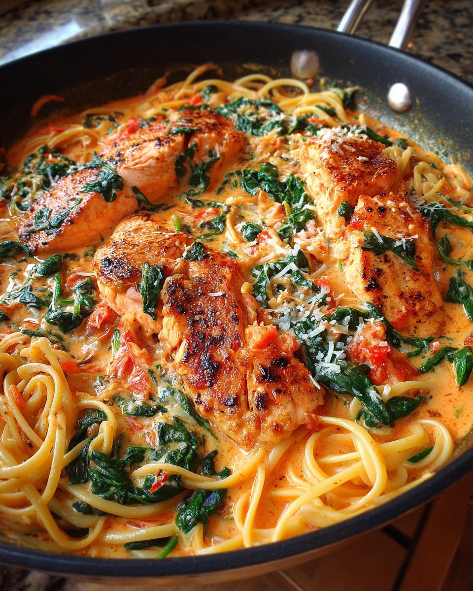 Close-up of pan-seared salmon fillets in a creamy roasted red pepper sauce with spaghetti and spinach.
