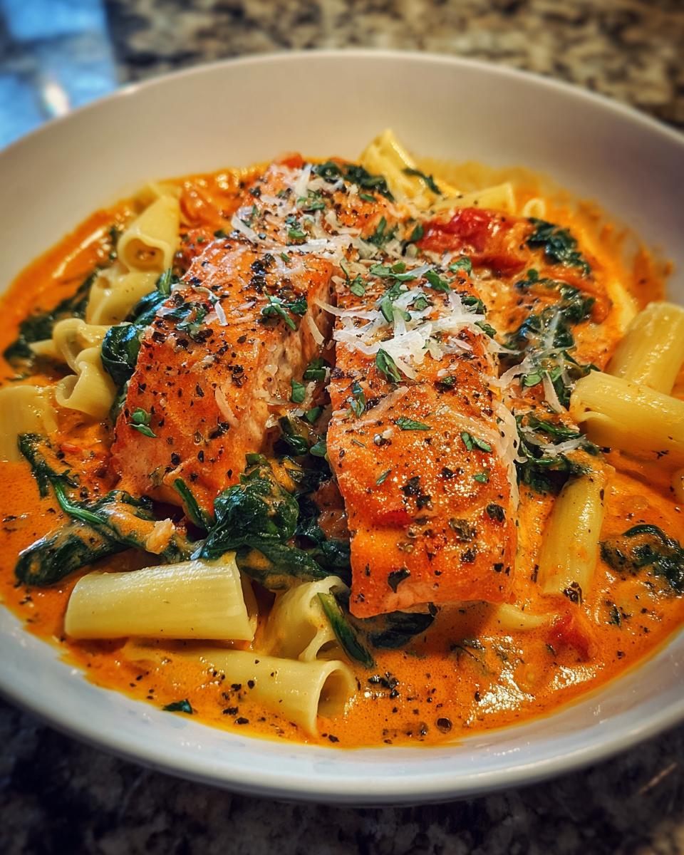 A close-up of salmon in roasted red pepper cream sauce served with rigatoni pasta and spinach, topped with Parmesan cheese.