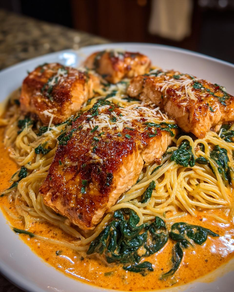Close-up of salmon fillets in roasted red pepper cream sauce served over pasta and spinach.
