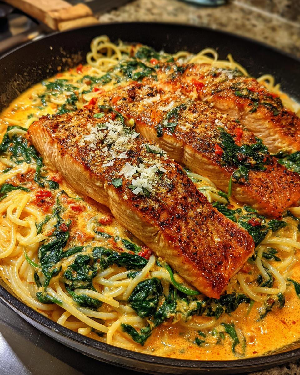 Two fillets of salmon served over spaghetti with spinach in a creamy roasted red pepper sauce.