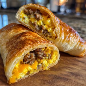 Close-up of a golden-brown sausage egg breakfast roll-up, cut in half to reveal fluffy scrambled eggs and savory sausage.