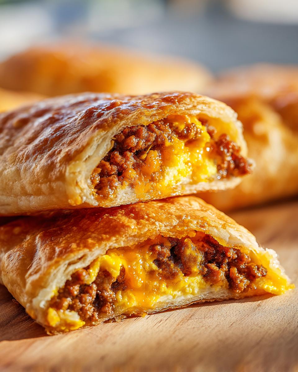 Close-up of two sausage egg breakfast roll-ups cut in half, showing fluffy scrambled eggs and savory sausage filling.