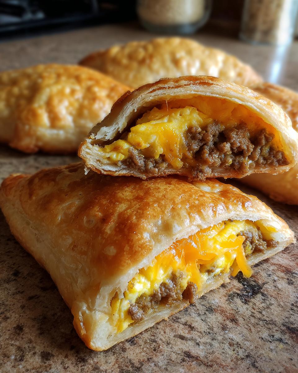 A close-up of a cut sausage egg breakfast roll-up, showing fluffy scrambled eggs, savory sausage, and melted cheddar cheese inside golden-brown pastry.