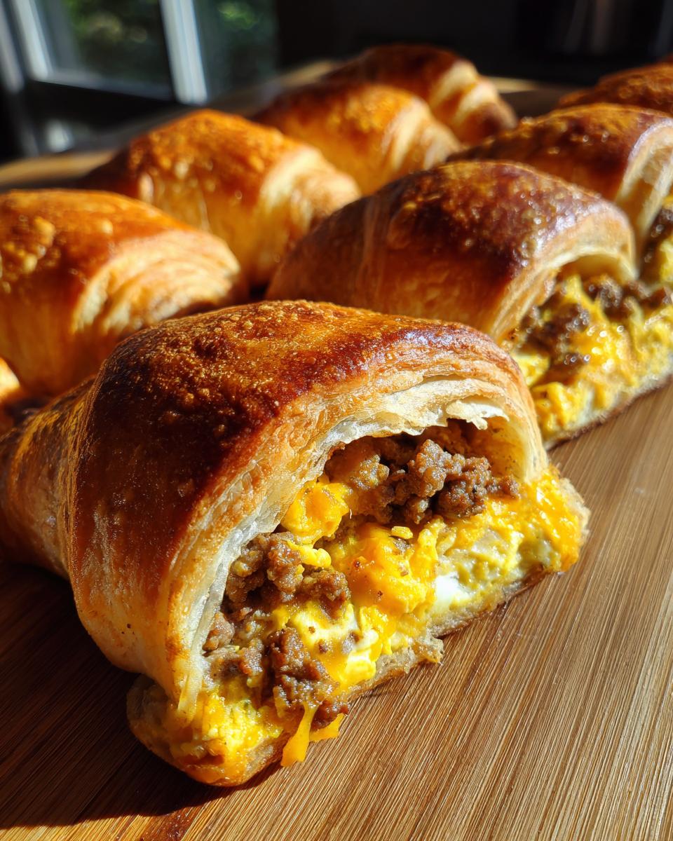 Close-up of a golden-brown sausage egg breakfast roll-up, split open to reveal fluffy scrambled eggs and savory sausage crumbles.