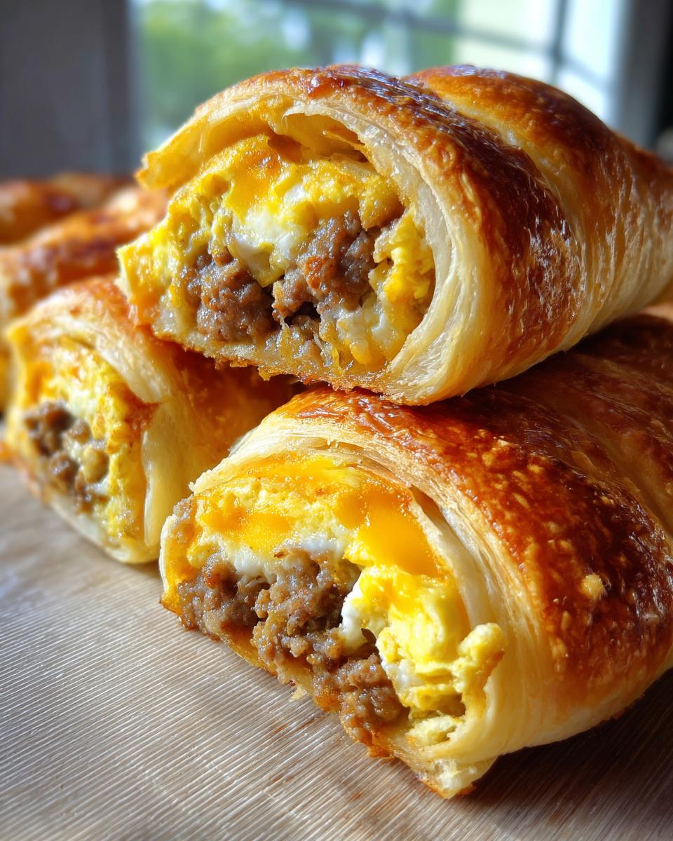 Close-up of golden-brown sausage egg breakfast roll-ups, showing flaky pastry filled with scrambled eggs and sausage.