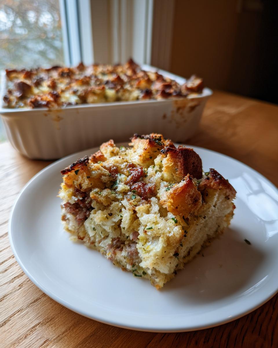 A square slice of savory sausage stuffing with a golden, crispy top served on a white plate.